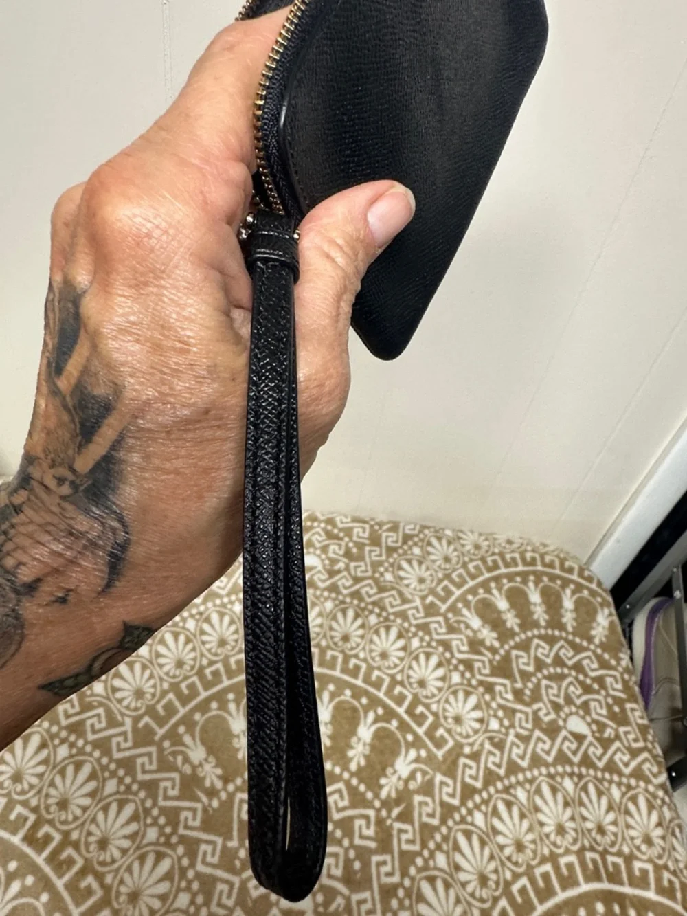 Coach Black Pebbled Leather Zip Wristlet with Gold Hardware